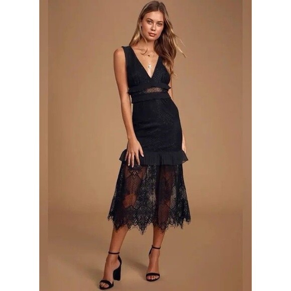 Lulu’s Sweet Feelings Black Lace Midi Dress Cocktail Women’s L #D1810 - Picture 1 of 16